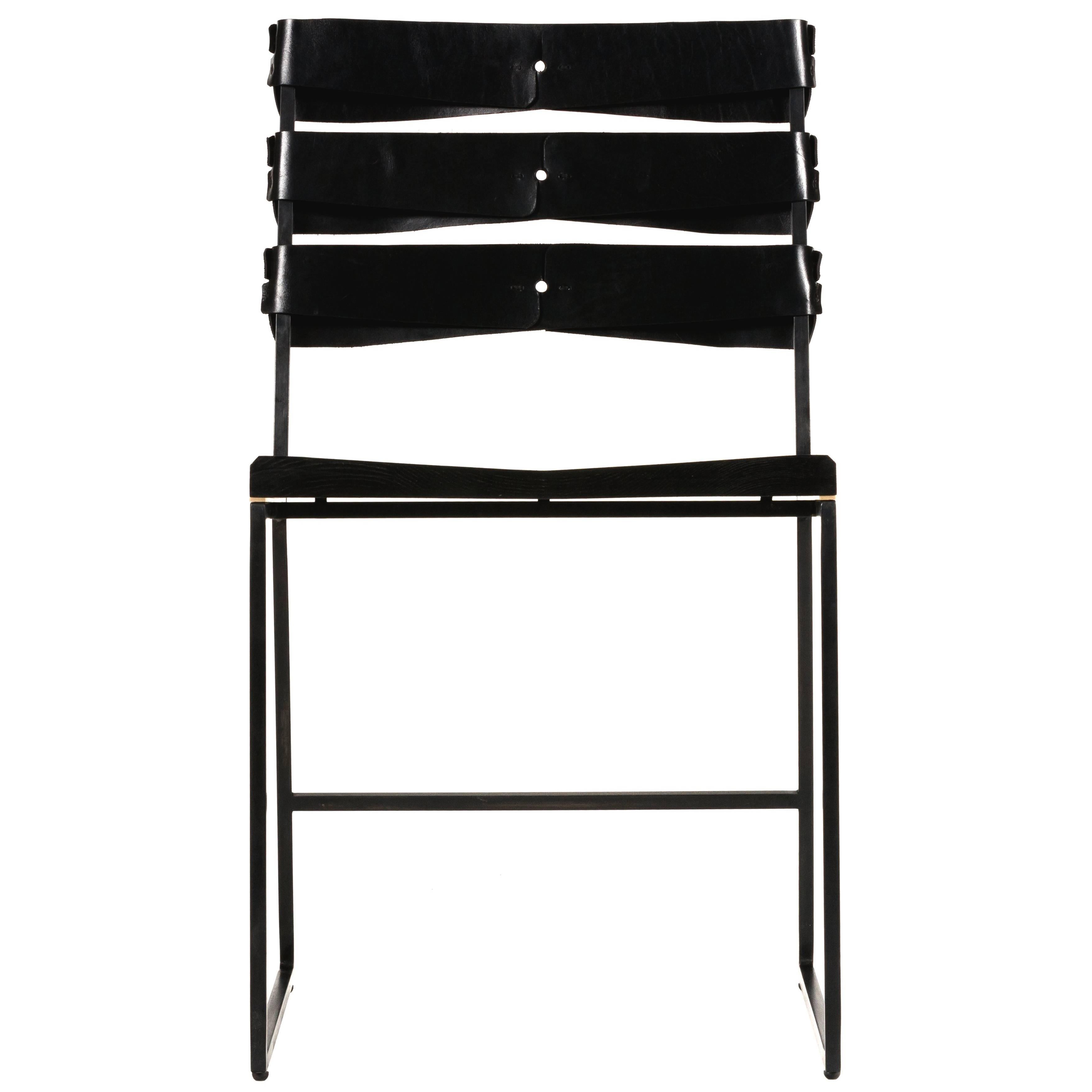 Chair 5 Diner with Blackened Steel, Ebonized Ash Seat with Brass Inlay, Leather For Sale