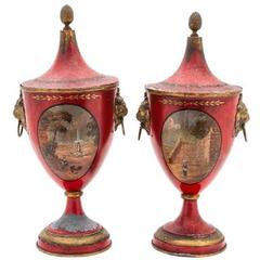 Antique Pair of Regency Painted Lead Covered Urns, 19th Century