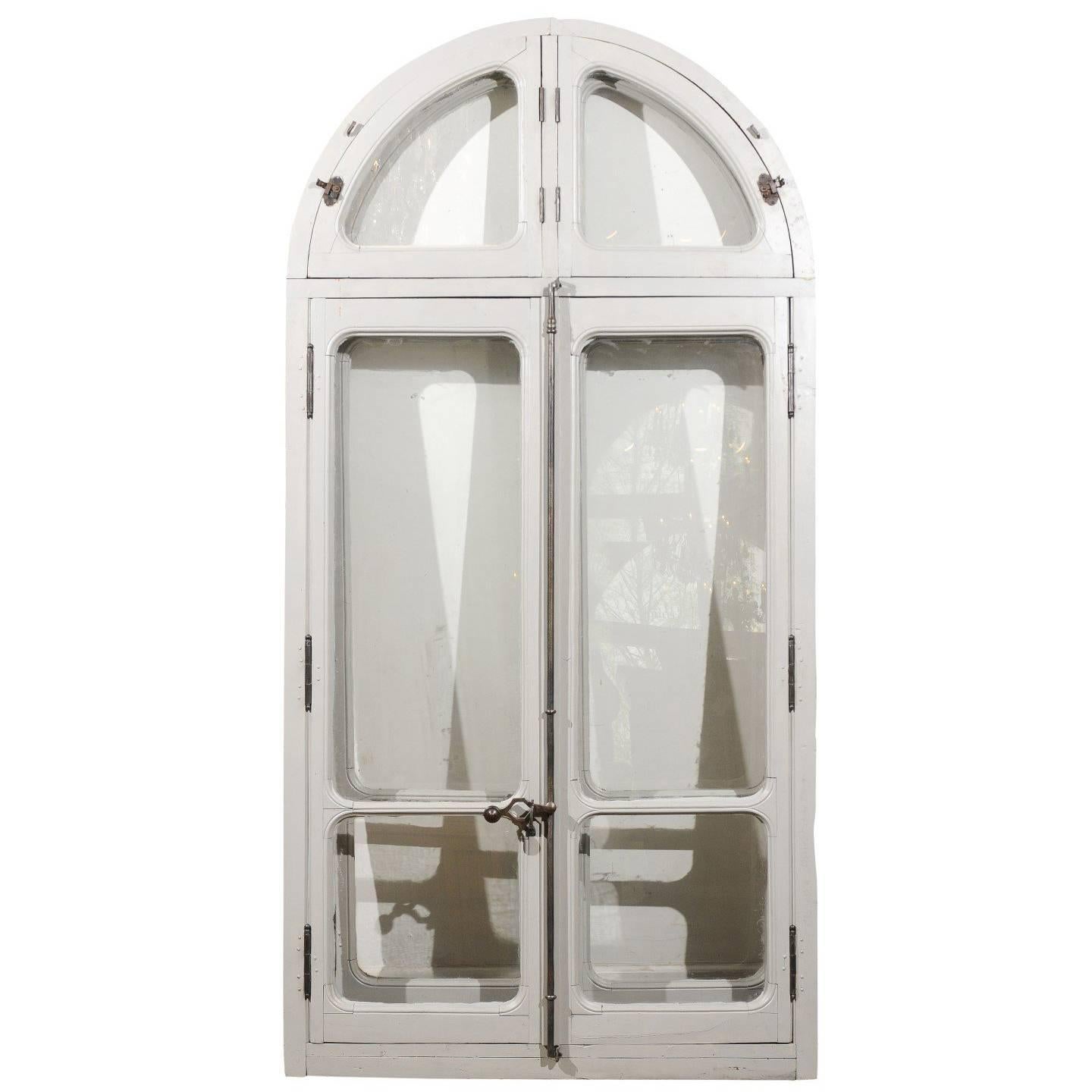French Arched Window from an Orangerie with Original Soft Grey Paint, circa 1850