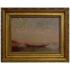 French Oil on Board in a Period Giltwood Frame Depicting a Rowing Ship, Signed