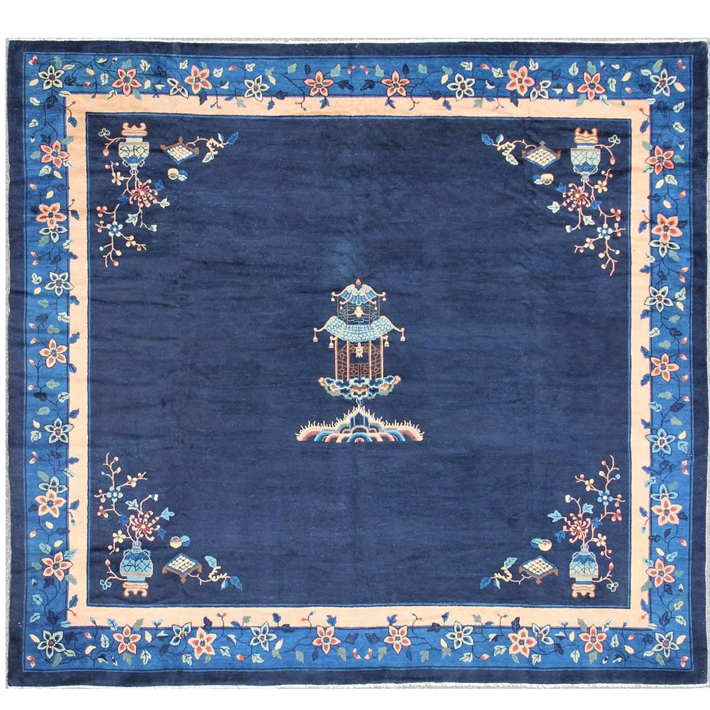 Large Chinese Rug in Sapphire Tones with Ornate Floral Motifs For Sale