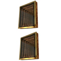 Brass and Burl Wood Infinity Mirror Pair