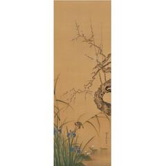 Antique Kano Ansen Takanobu, Flowers and Birds, Japanese Scroll Painting