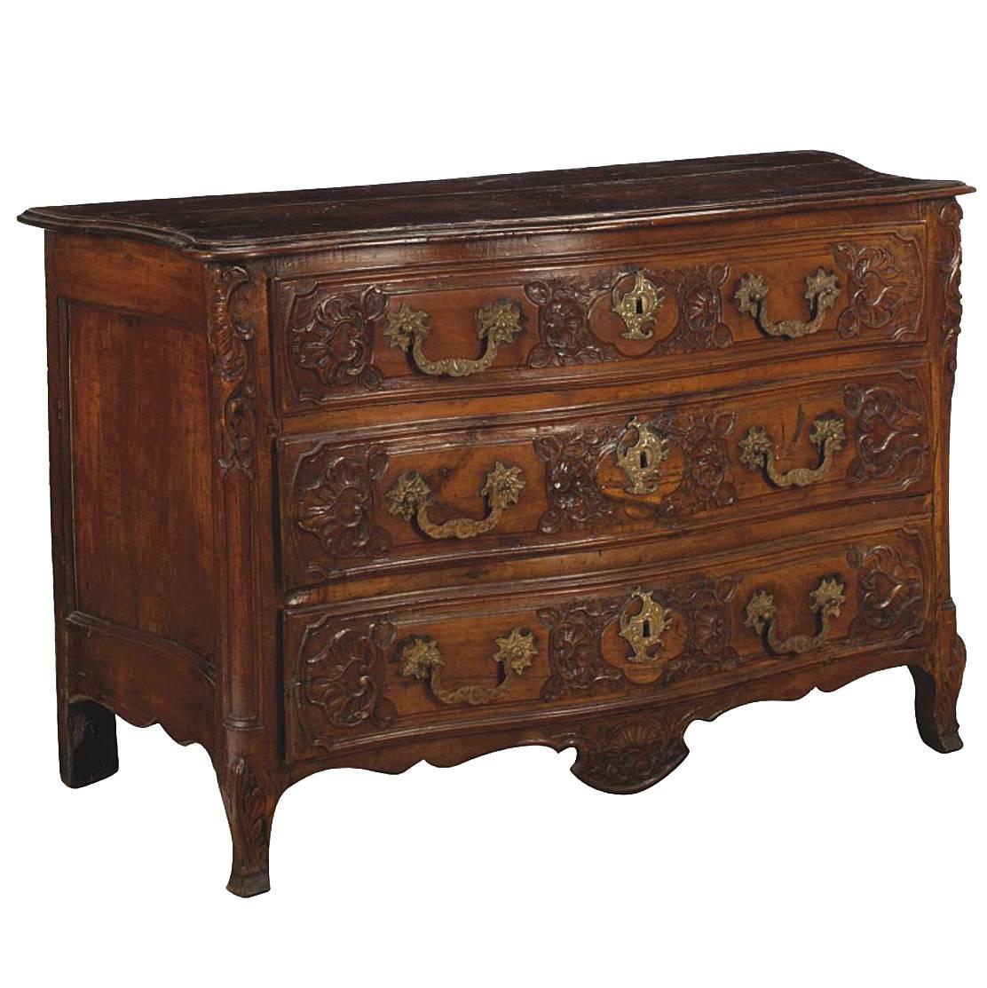Fine & Rare Louis XV Carved Walnut & Oak Commode, Mid-18th Century For Sale