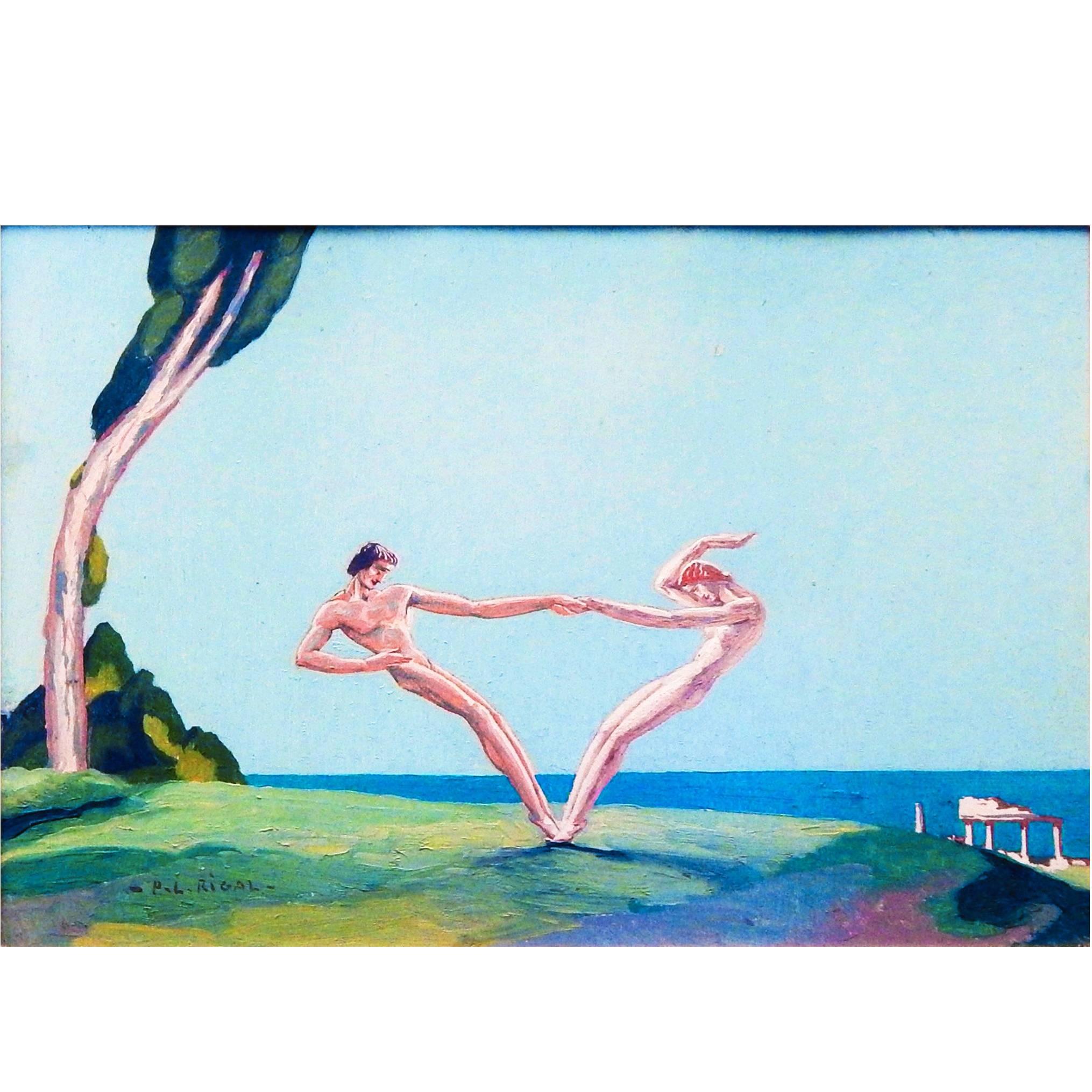 "Dance by the Sea, " Stunning, Sun-Drenched French Art Deco Painting For Sale