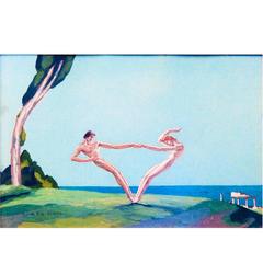 Used "Dance by the Sea, " Stunning, Sun-Drenched French Art Deco Painting