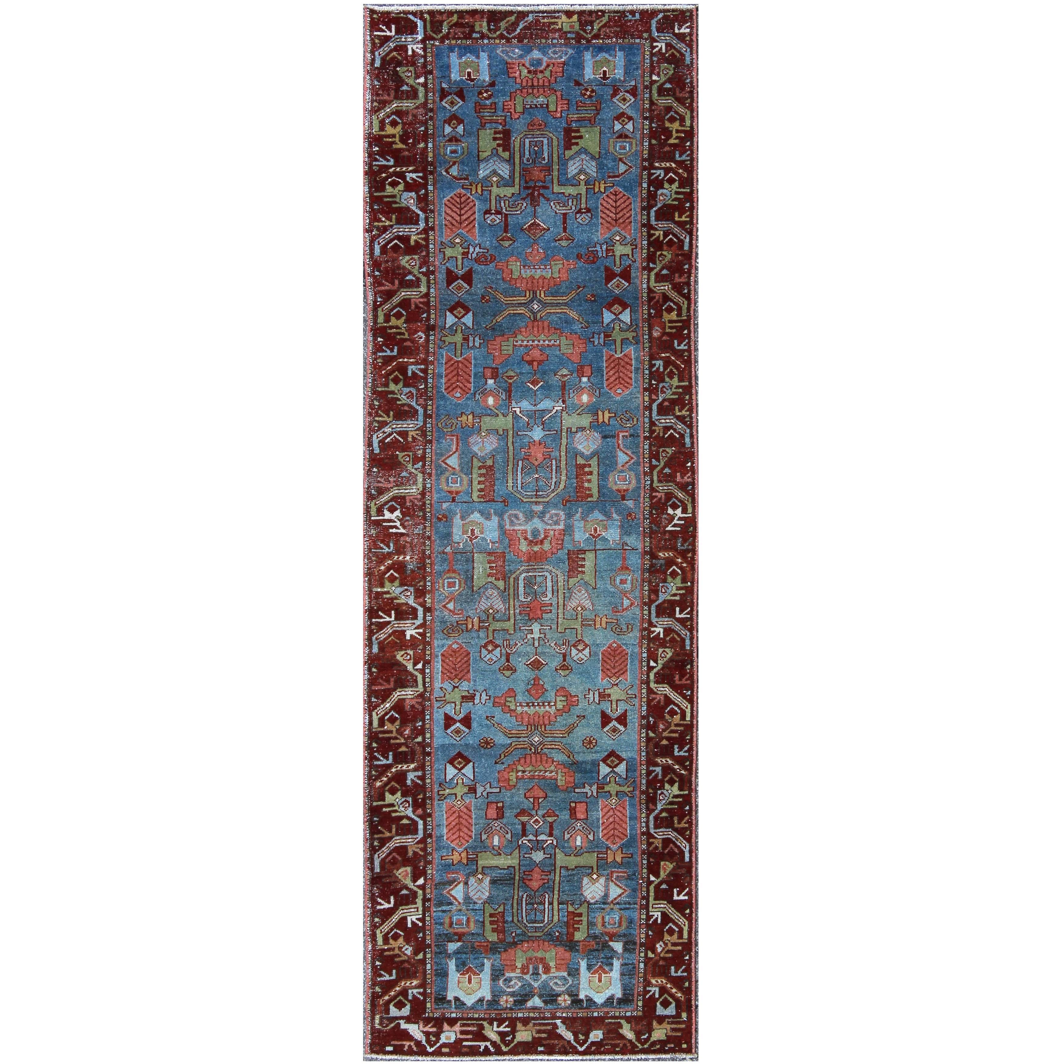 Persian Malayer Runner with Sub-Geometric Tribal Design in Blue, Red and Green For Sale