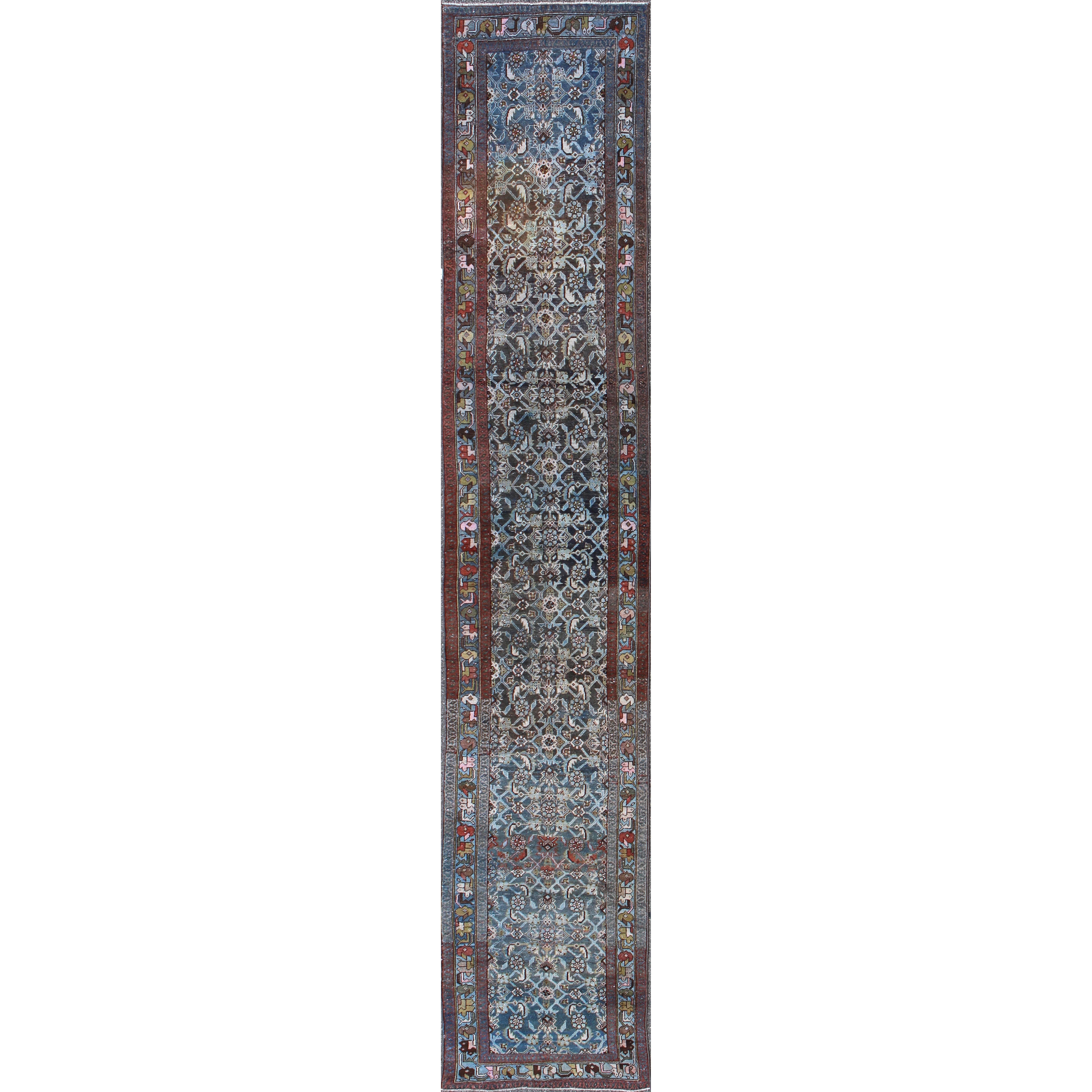Early 20th Century Very Long Kurdish Runner with Dark/Light Blue, Red and Taupe For Sale