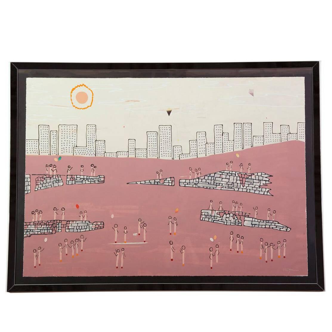 Omar Mau Cityscape Painting, Signed, with Custom Mirror Chrome Frame For Sale
