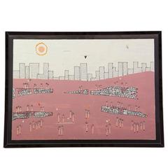 Omar Mau Cityscape Painting, Signed, with Custom Mirror Chrome Frame