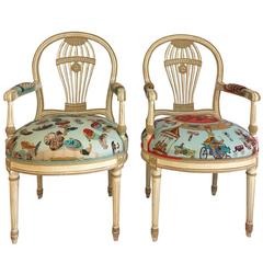 Pair of Maison Jansen Balloon Back French Armchairs in Hermes Silk, 1930s