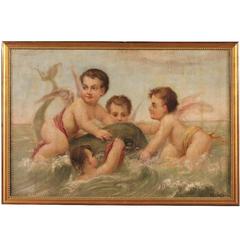 20th Century French Painting "Cherubs Playing with Mythological Dolphin"