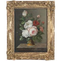 Adrianus Apol Oil on Panel, Mid-19th Century Bouquet of Roses on a Marble Ledge