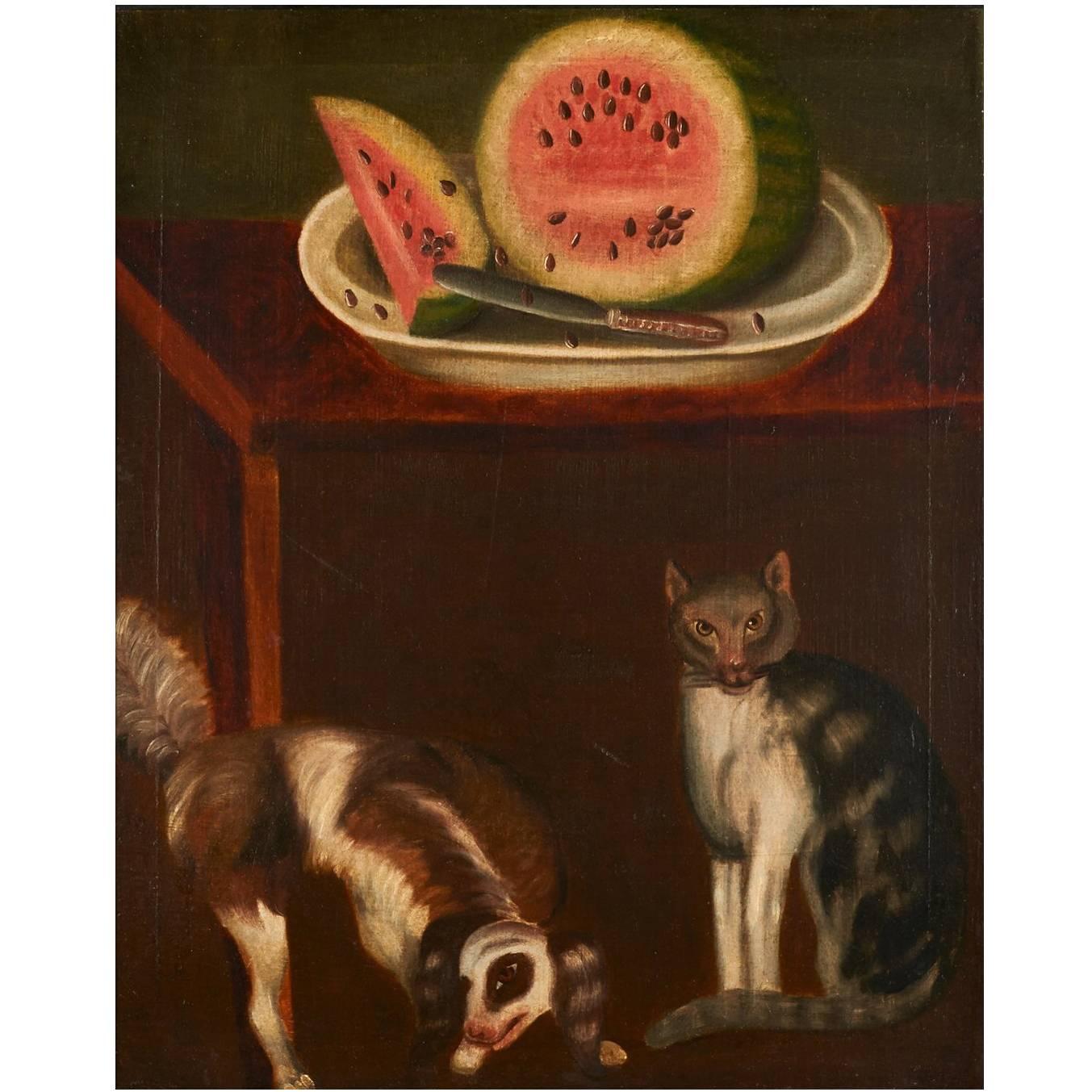 Still Life Folk Painting with Cat, Dog and Watermelon For Sale