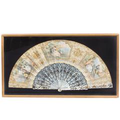 Antique French Hand-Painted Lovers Mother Pearl Fan, circa 1880