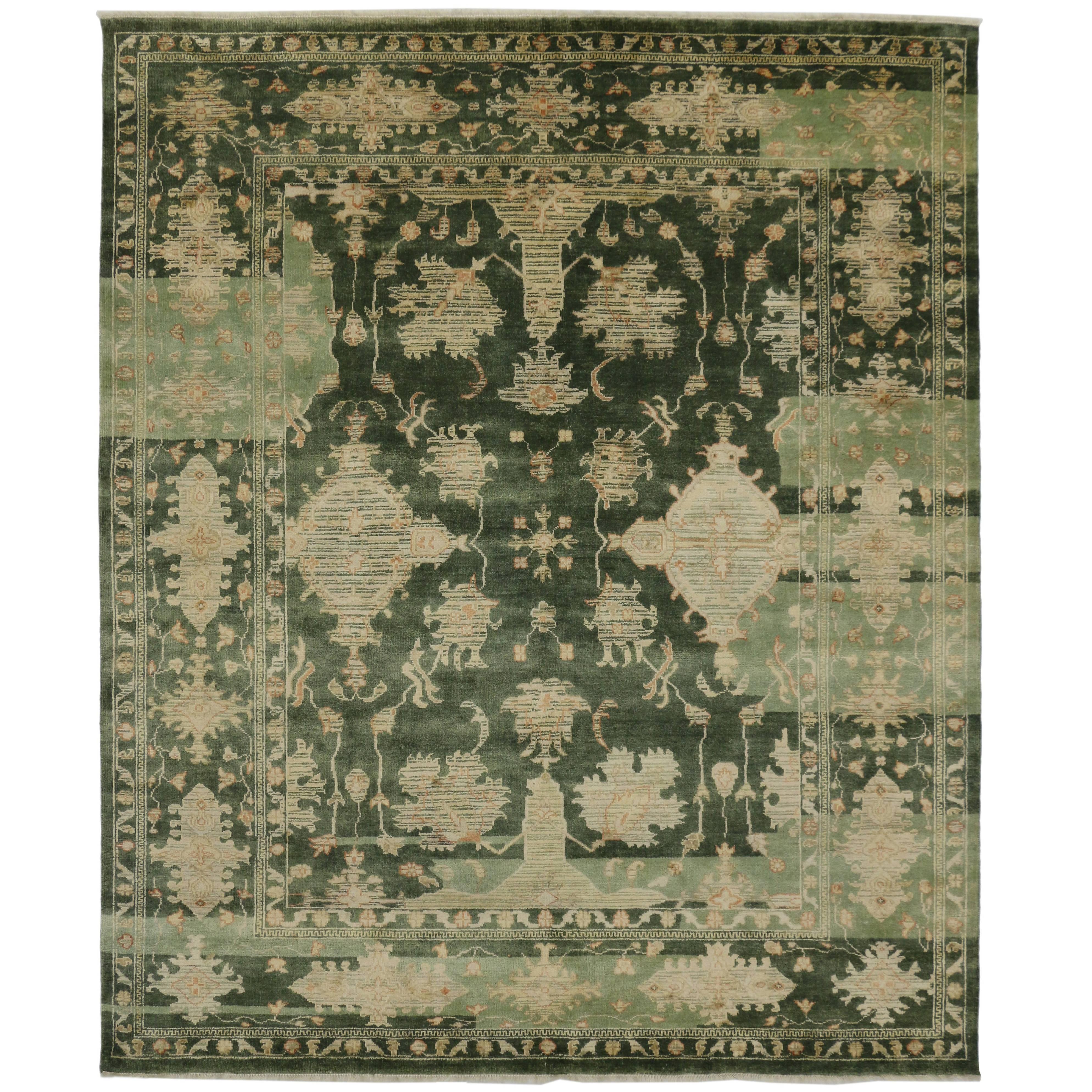 Contemporary Green Oushak Style Rug with Modern Traditional Style