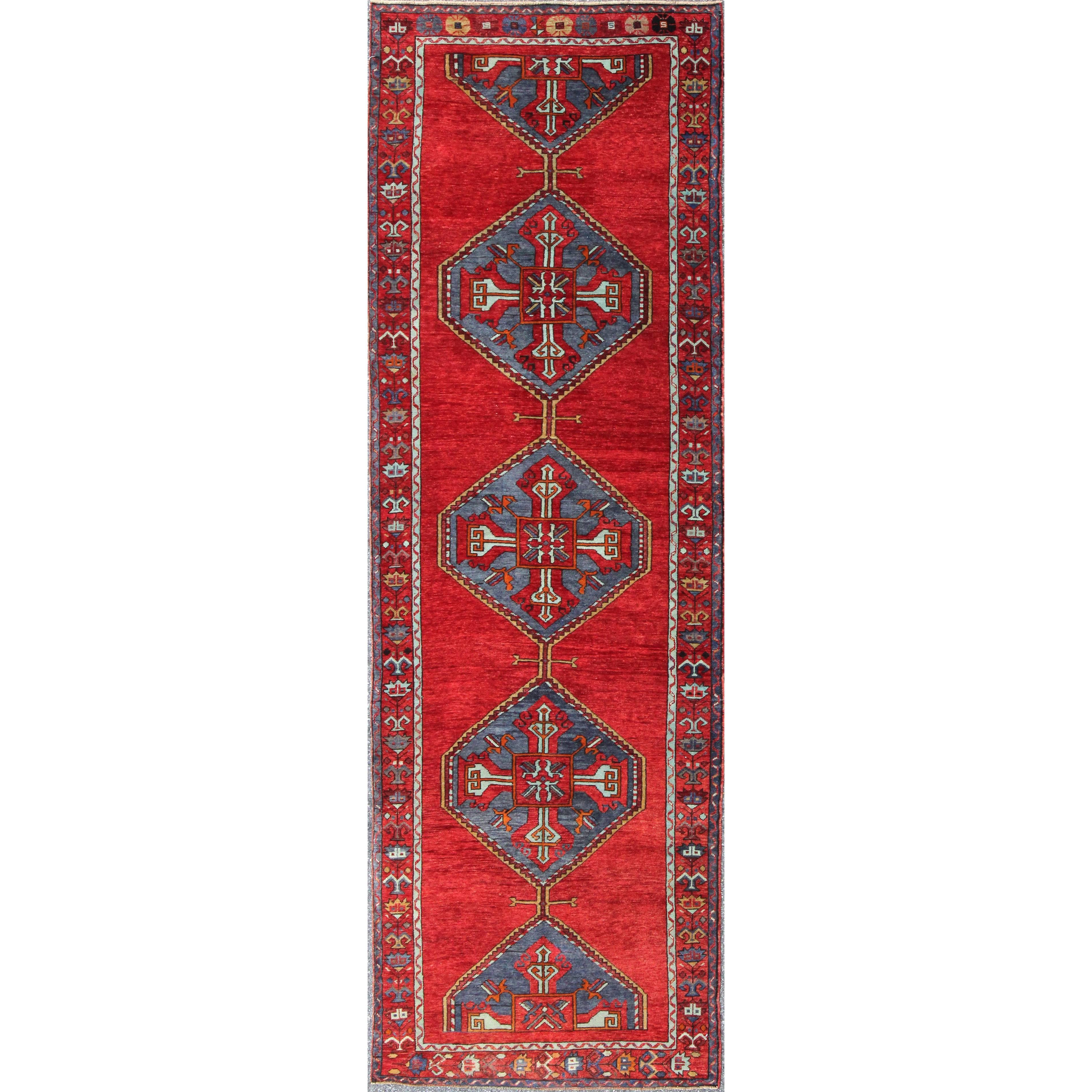 Colorful Turkish Oushak Runner in Various Shades of Red, Blue, and Yellow