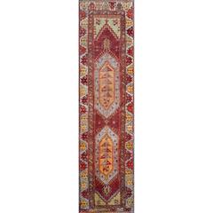 Colorful Turkish Oushak Runner in Red, Yellow, Mint Green, Charcoal & Light Blue