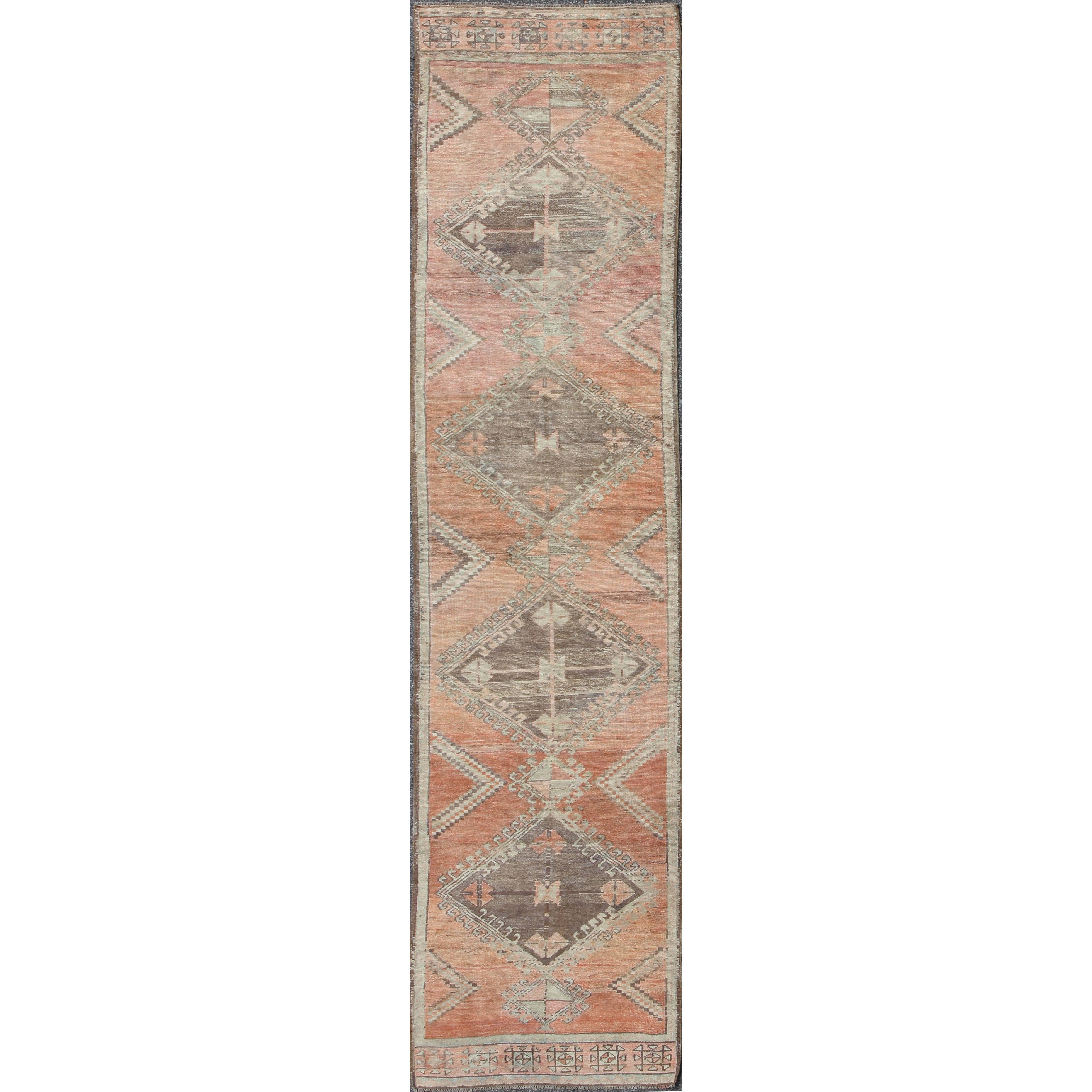 Turkish Oushak Runner with Multi-Medallions and Tribal Motifs in Brown and Red