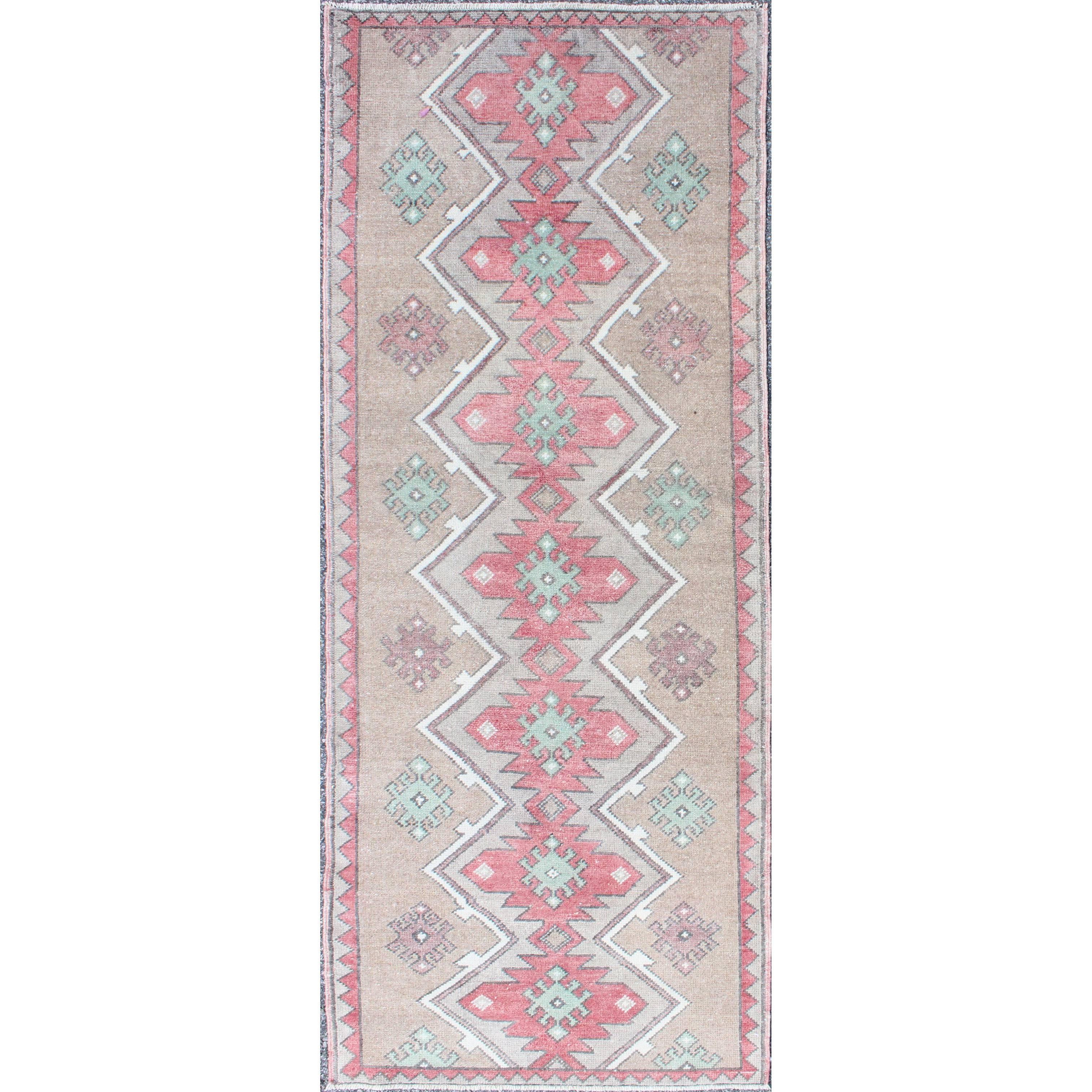 Turkish Tulu Runner With Geometric Medallions in Vivid Coral, Tan, Mint Green For Sale