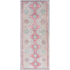 Vintage Turkish Tulu Runner With Geometric Medallions in Vivid Coral, Tan, Mint Green