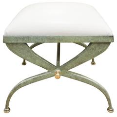 Verdigris Wrought Iron Bench with Leather Seat, 1970s 3