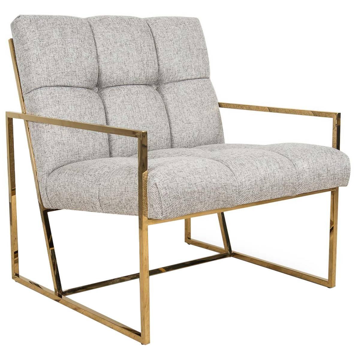 Mid-Century Modern Style Accent Chair in Textured Neutral Linen w/ Brass Frame For Sale