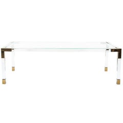 Mid-Century Modern Style Lucite Dining Table w/ Brass Accents and Glass Top