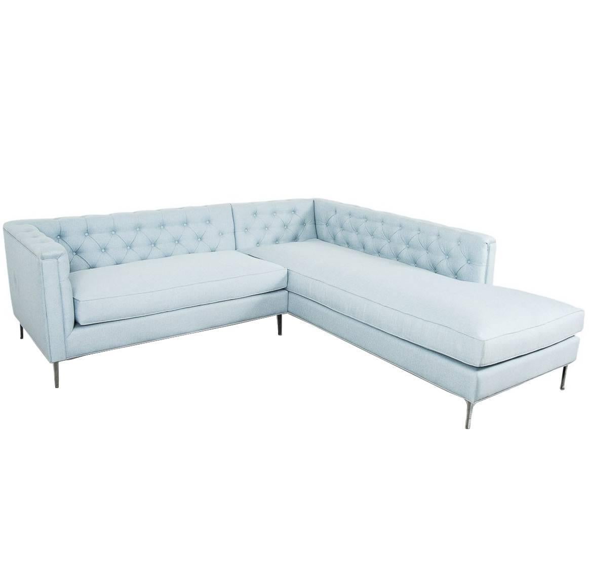 Mid-Century Modern Style Tufted Sectional with Chrome Legs in Ice Blue Linen For Sale