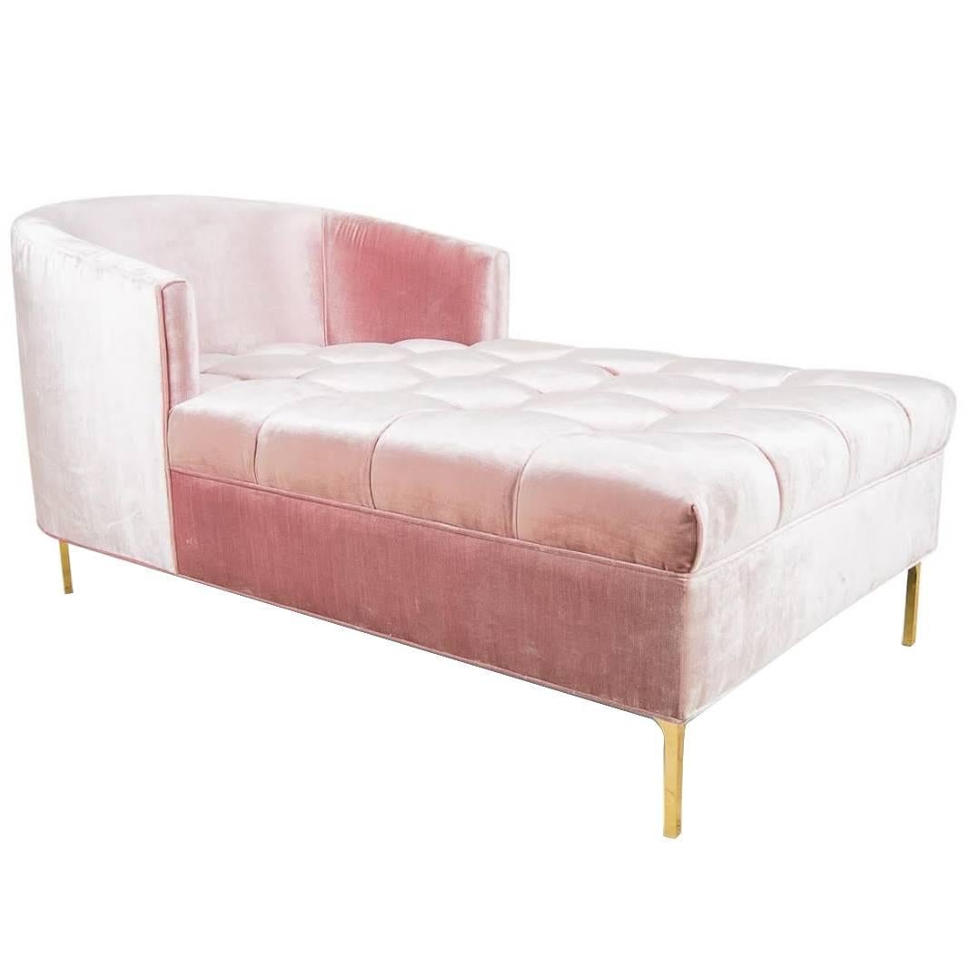 Mid-Century Style Tufted Lounge Chair with Brass Legs in Blush Pink Velvet For Sale