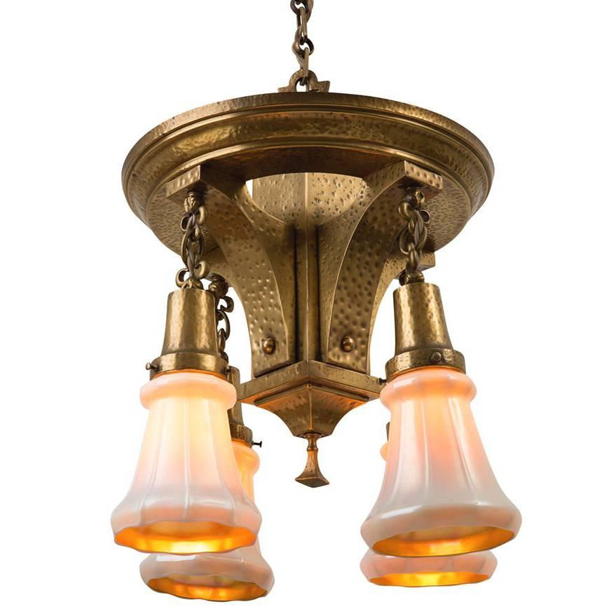 Stunning Brass Arts & Crafts Chandelier with Art Glass Shades, circa 1915 For Sale