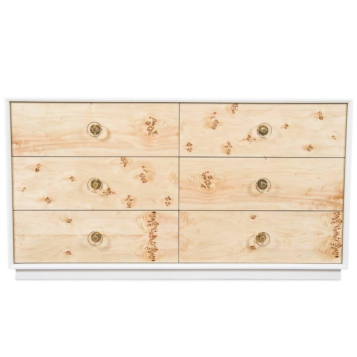 Lacquered Storage Dresser in White with Burl Wood Drawers & Lucite Hardware For Sale