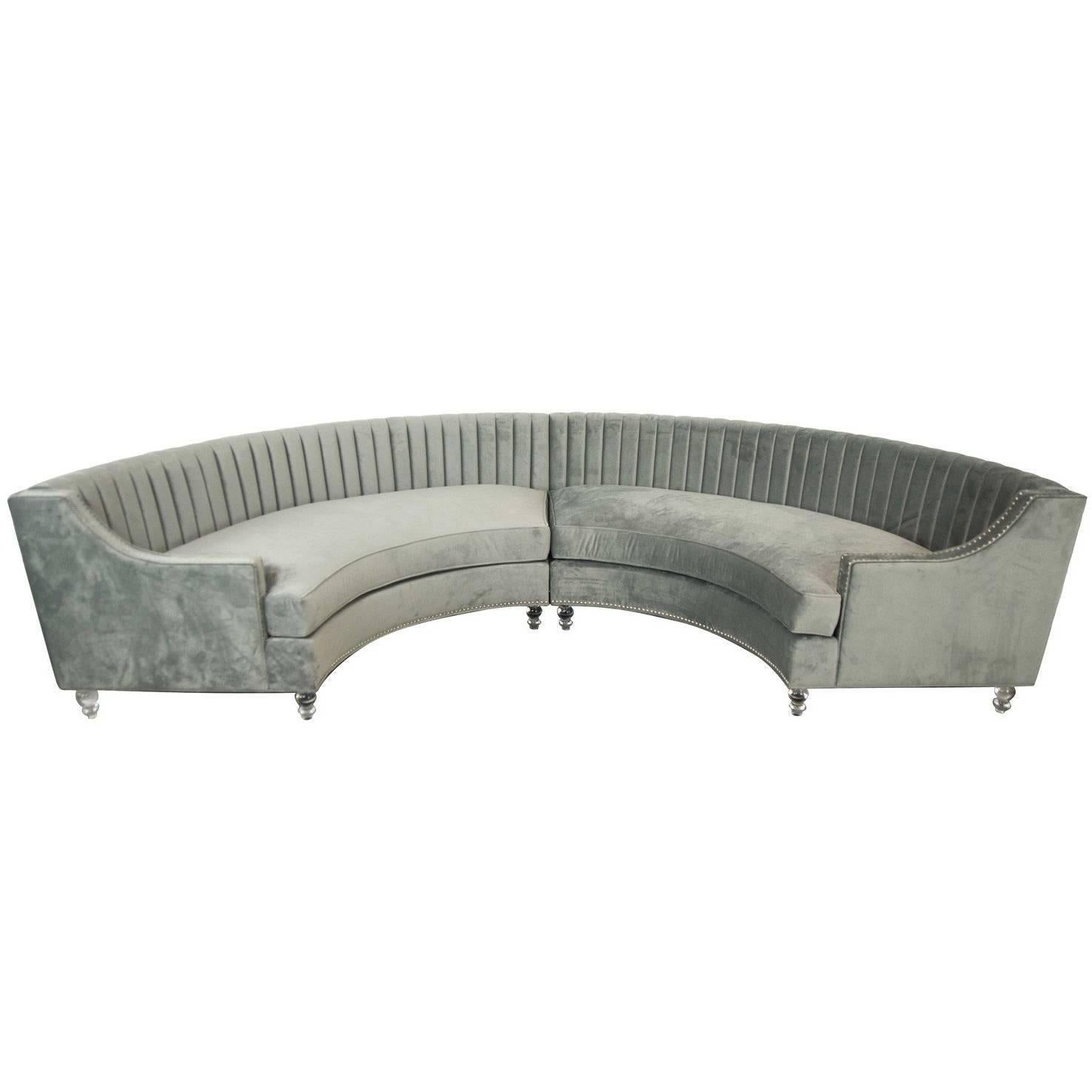 Circle Sectional with Chrome Nail Heads & Lucite Legs in Charcoal Grey Velvet For Sale