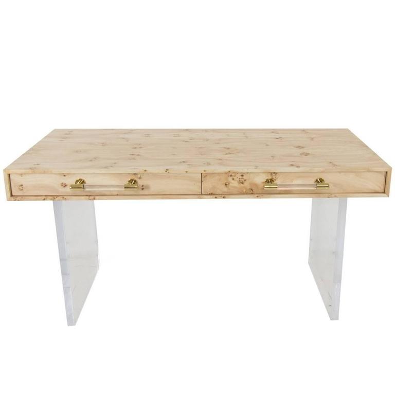 Mid Century Style Burl Wood Desk With Lucite Legs And Brass Mid Century Style Burl Wood Desk With Lucite Legs And Brass Pulls For