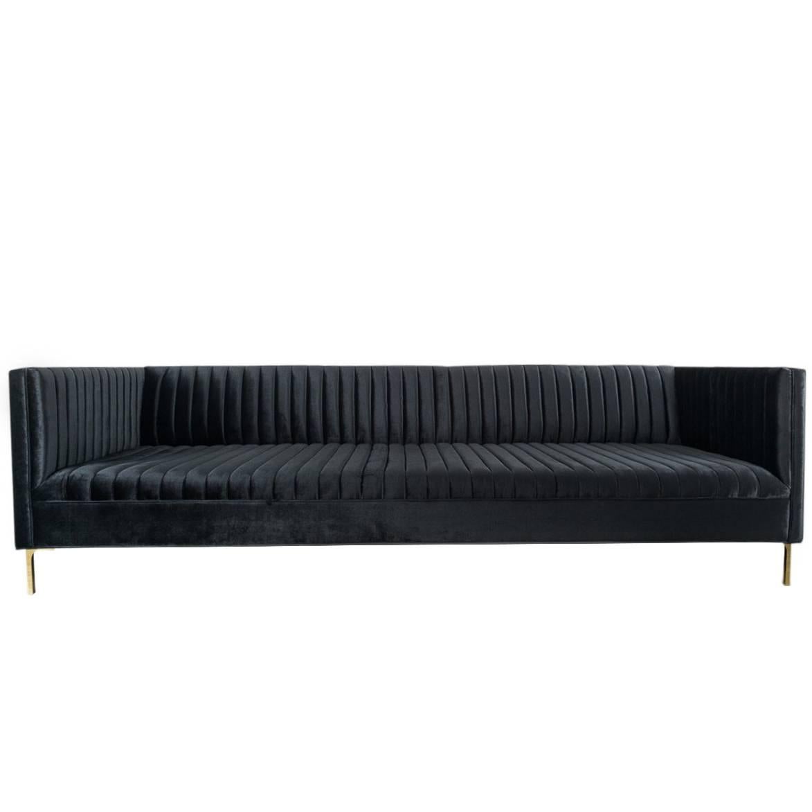 Modern Style Sofa in Long-Arm Tufted Black Velvet with Brass Legs