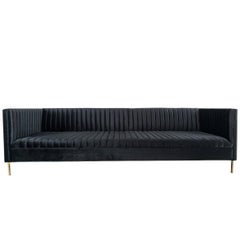 Modern Style Sofa in Long-Arm Tufted Black Velvet with Brass Legs