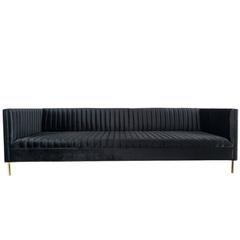 Sleek Black Velvet Sofa with Long Arm Tufting and Brass Legs 8