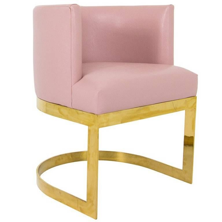 Accent Dining Chair in Blush Pink Faux Leather with Curved Brass Base