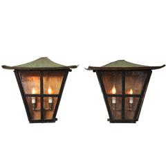 Antique Pair of Pagoda Style Copper Wall Lanterns