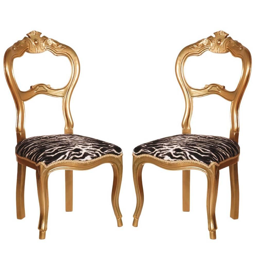 Pair of Italian 19th Century Walnut Giltwood Side Chairs with New Upholstery