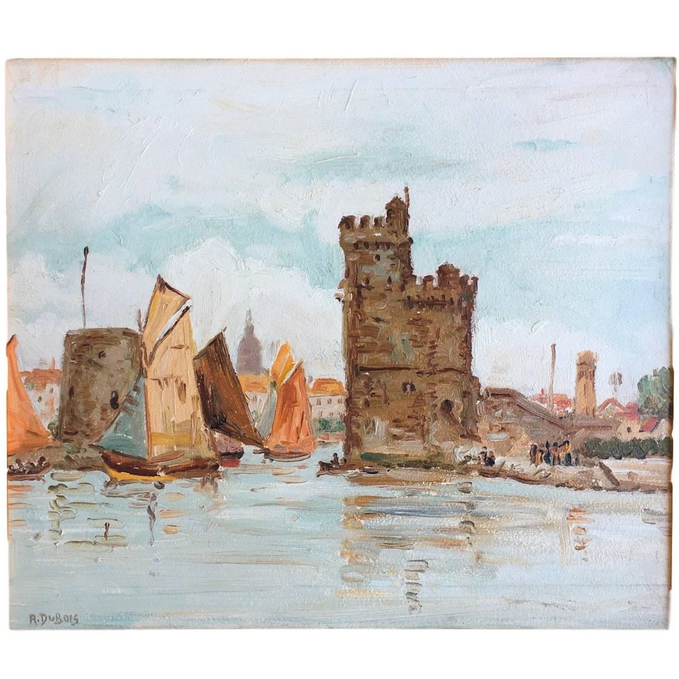 ‘The Port of La Rochelle’, Oil on Board, Signed Dubois, France, circa 1935