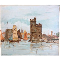 der Hafen von La Rochelle":: Öl auf Karton:: signiert Dubois:: Frankreich:: um 1935