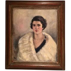 Used Mid-Century Original Oil on Canvas Female Portrait Painting by H. Pink