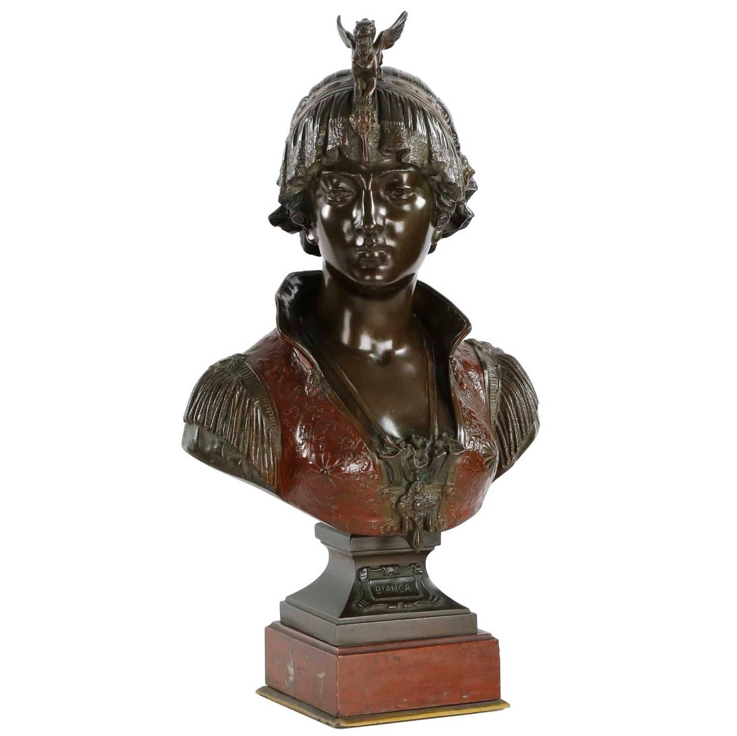 Fine Art Nouveau Cold-Painted Bronze Bust "Bianca" by Cesare Ceribelli