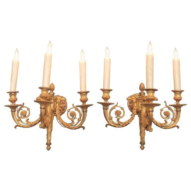 Pair of 19th Century French Empire Bronze Dore Sconces with Exceptional Casting For Sale