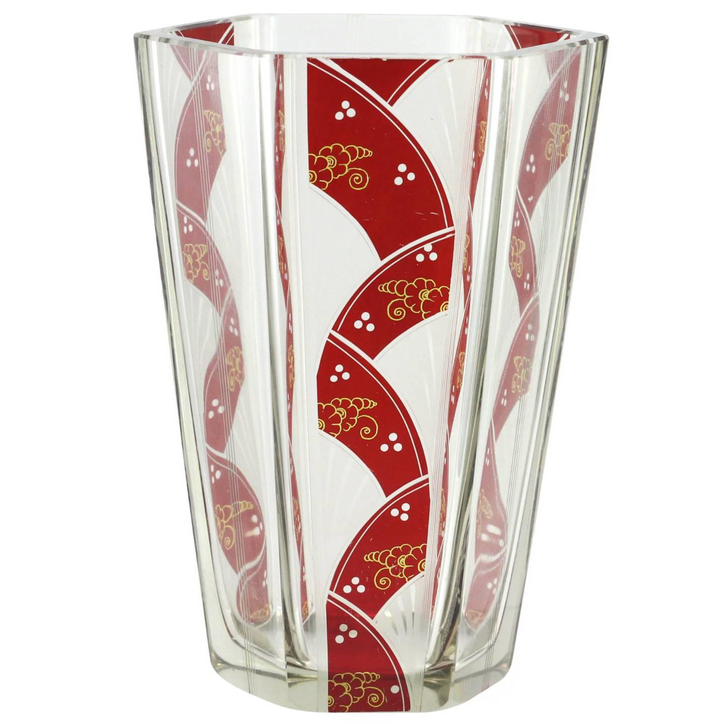 Early 20th Century Karl Palda Hexagonal Art Deco Enameled Bohemian Glass Vase For Sale