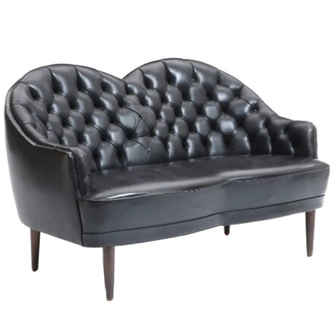 Two-Seater Sofa with Button-Fitted Black Leather For Sale