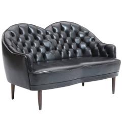 Two-Seater Sofa with Button-Fitted Black Leather