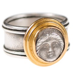 Authentic Greek Apollonia Pontika Coin, Silver and 22-Karat Gold Banded Ring
