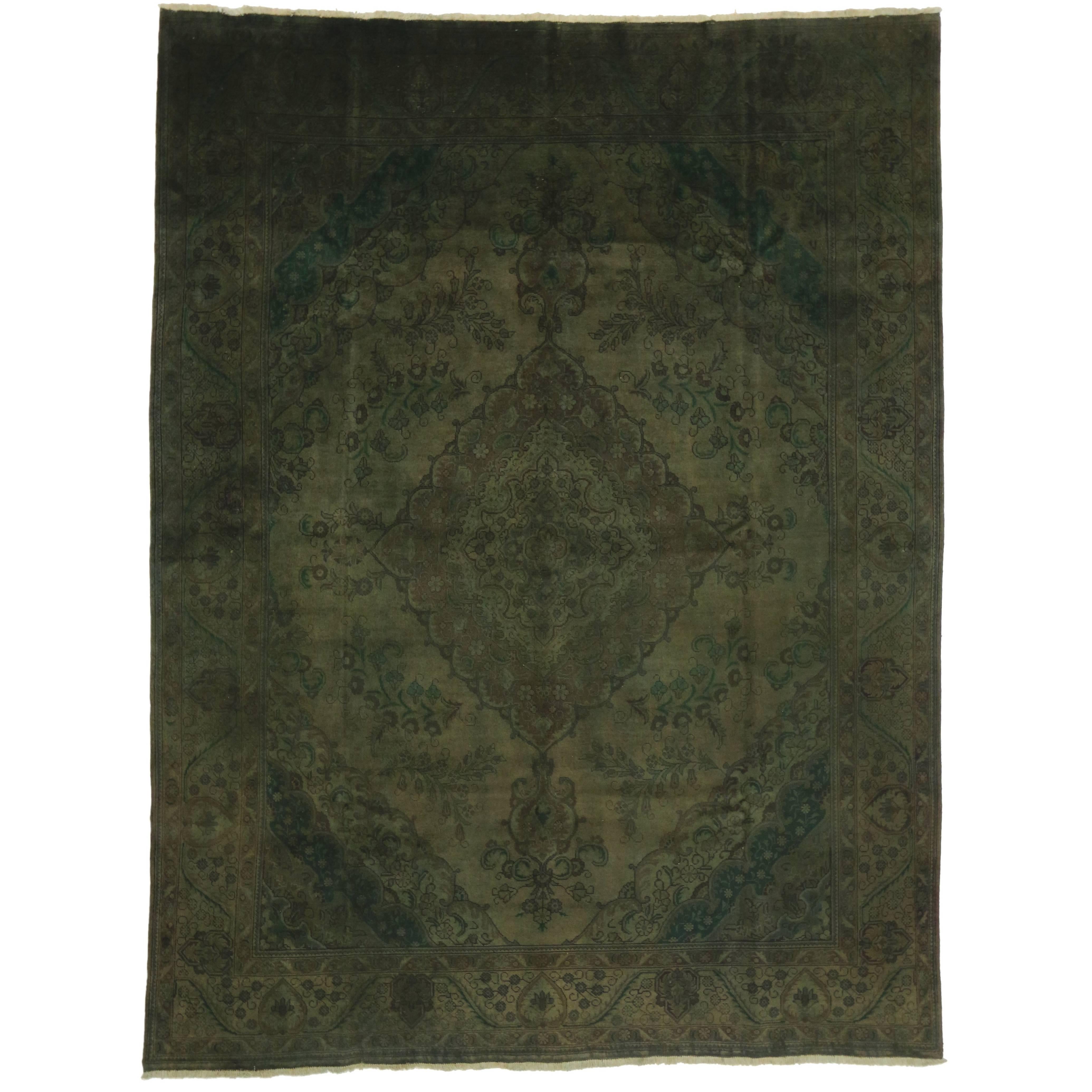 Vintage Persian Tabriz Rug Overdyed Green Rug with Modern Style